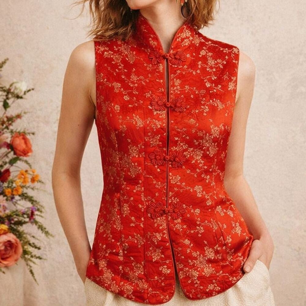 Vintage Asian Red Satin Vest with Faux Fur Lining S/M